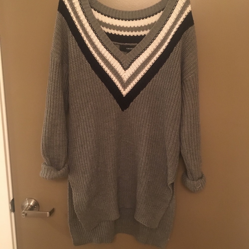 Gray varsity, deep neck sweater. Forever 21.